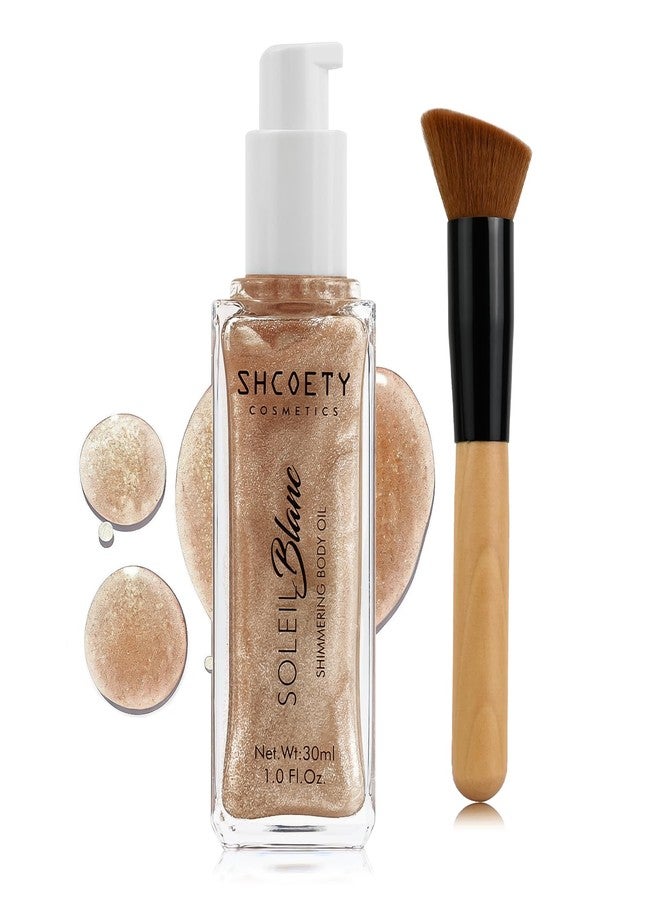 afmicat Shimmer Body Oil with Vitamin E, Body Glow Oil for Women, Long Lasting Waterproof & Moisturize for All Skin, Liquid Highlighter Makeup with Brush, Travel Size for Date, Wedding, Party, Rose Gold - Image 1